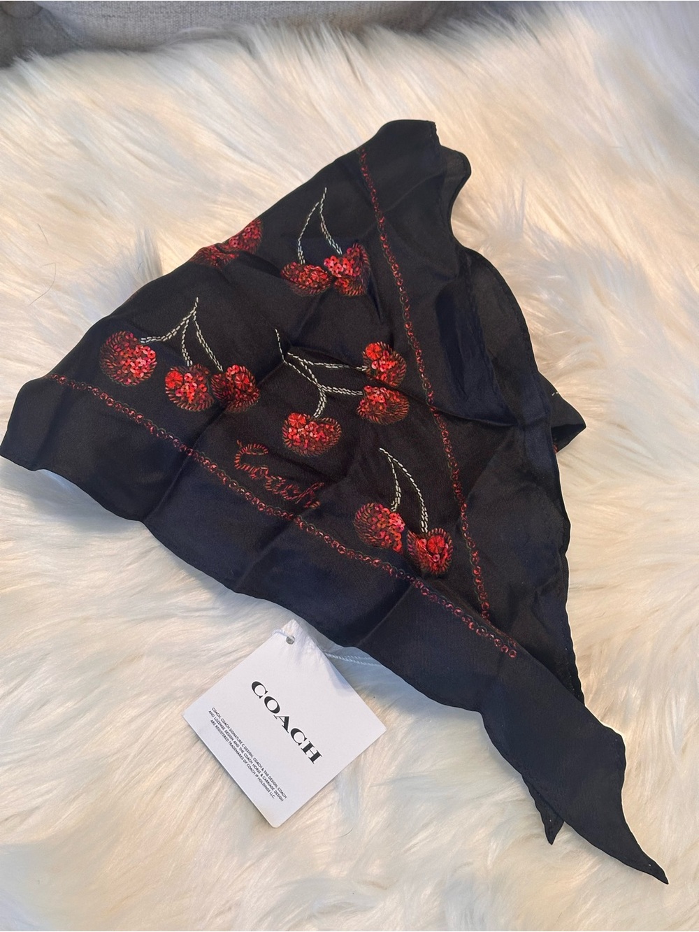 COACH Cherry 🍒 Print Black Silk Diamond Scarf